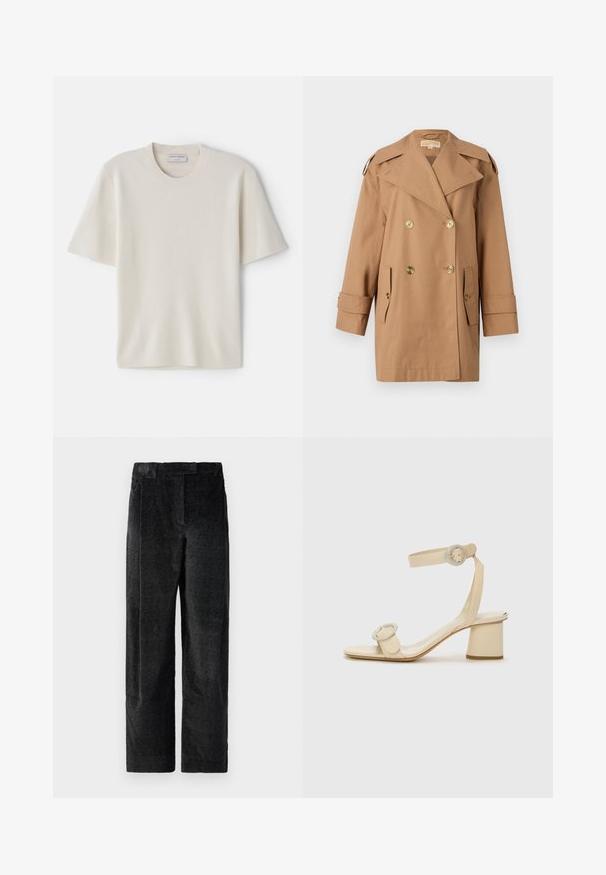 Pruun topeltkliendiga vihmamantel, mis on valmistatud puuvillast. Omab suuri kuldseid nööpe, laiu krae ja kahte esikotti. Keskmise pikkusega varrukad.; Kreem värvi lühikeste varrukatega T-särk ümmarguse kaelusega, valmistatud pehmest materjalist, omades sirget lõiget ja minimaalseid detailide rõhutusi.; Mustad, tekstureeritud laiad püksid mustas värvuses, millel on väljendunud kudumine, eessuud ja lame vöökoht. Klassislik disain mitmekesiseks kasutamiseks.; Beeži kõrge kontsaga sandaalid minimalistliku disainiga, millel on kaks ümmargust aksessuaari ja paks konts. Valmistatud siledast nahast.