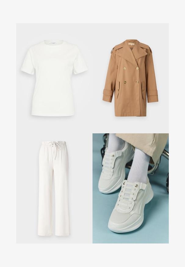 Brun dobbeltbrystet trenchcoat lavet af bomuld. Har store guldknapper, brede revers og to forlommer. Mellemlange ærmer.; Hvid bomulds t-shirt med rund hals og kortærmede. Ingen markante mønstre eller detaljer er synlige på forsiden.; Hvide brede bukser lavet af blødt stof, med snoreliv og glat tekstur. Ingen mønstre eller pynt synlige.; Hvide sneakers med mesh-materiale, gummisål, snørebåndsfri design med elastiske bånd og guldtonede accenter.