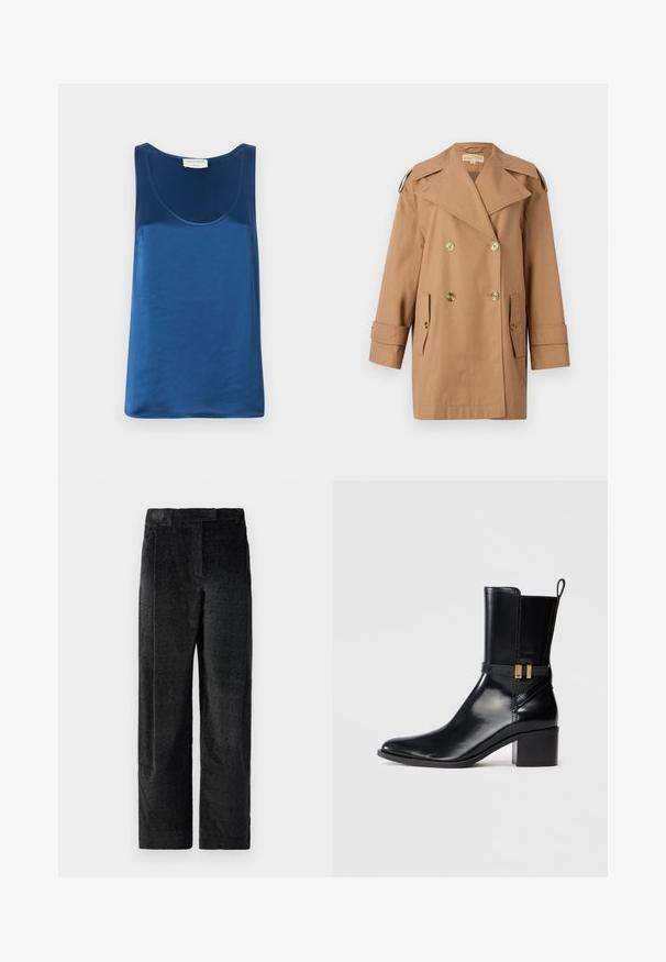 Hnedý dvojradový trenčkot vyrobený z bavlny. Obsahuje veľké zlaté gombíky, široké klopy a dve predné vrecká. Rukávy sú strednej dĺžky.; Modrý saténový top s okrúhlym výstrihom a širokými ramienkami, hladkou textúrou a voľným strihom.; Čierne, textúrované nohavice s širokými nohavicami a výrazným tkaním, s prednými skladmi a plochým pásom. Klasický dizajn pre všestrannosť.; Čierna kožená členková čižma s stredne vysokým blokovým opätkom, postranným popruhom so zlatým prackou a pútkom na zadnej strane.