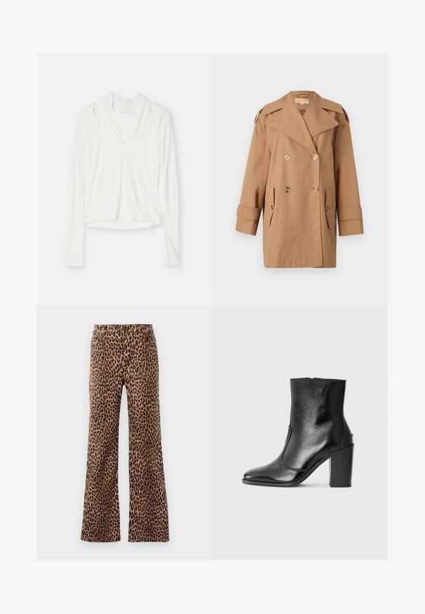 Brown double-breasted trench coat made of cotton. Features large gold buttons, wide lapels, and two front pockets. Mid-length sleeves.; Long-sleeve, white top with a v-neckline, features shoulder cutouts, a relaxed fit, and a hem that curves slightly at the bottom.; Leopard print wide-leg pants in beige and black, featuring a smooth texture and tapered hem. Design with standard waistband and pockets.; Black leather ankle boot with a smooth texture, pointed toe, and a chunky high heel. Features a side opening and minimalistic design.