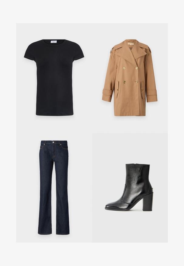 Rudas dvigubas trenčiotas paltas, pagamintas iš medvilnės. Yra dideli auksiniai mygtukai, plačios apykaklės ir dvi priekinės kišenės. Vidutinio ilgio rankovės.; Juodas dryžuotas marškinėliai su apvalia iškirpte ir trumpomis rankovėmis. Minkšta medžiaga, prigludusi prie kūno, su etikete apykoje.; Tamsiai mėlynos džinsinės kelnės su platėjančia forma, penkių kišenių dizainu ir kontrastingomis oranžinėmis siūlėmis aplink siūles bei kišenes.; Juodas odinis kulkšninis batas su lygiu paviršiumi, smailiu pirštu ir masyviu aukštu kulnu. Savybė - šoninis atidarymas ir minimalistiškas dizainas.