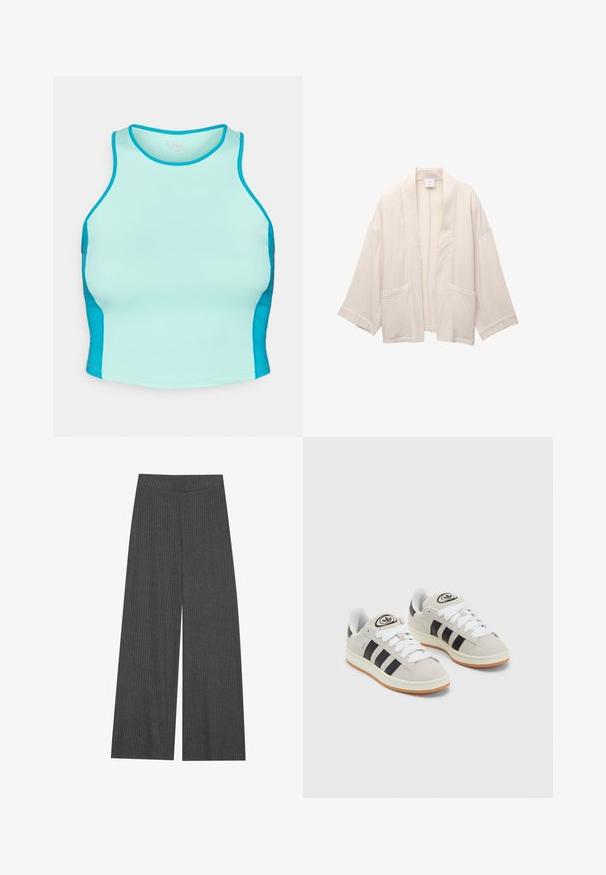 Ljusbeige kimono med vida ärmar, tillverkad av textil med struktur. Har två framfickor och en öppen frontdesign.; En åtsittande sporttopp i ljus aqua med mörkare aqua sidopaneler. Tillverkad av elastiskt tyg med en mjuk textur och rund halsringning.; Breda byxor i en kolgrå ribbad tyg, med hög midja och vertikala ränder för textur och detalj.; Grå mocka sneakers med vita snören, svarta ränder och en vit gummisula. Har en rund logo på tungan och en gummisula.
