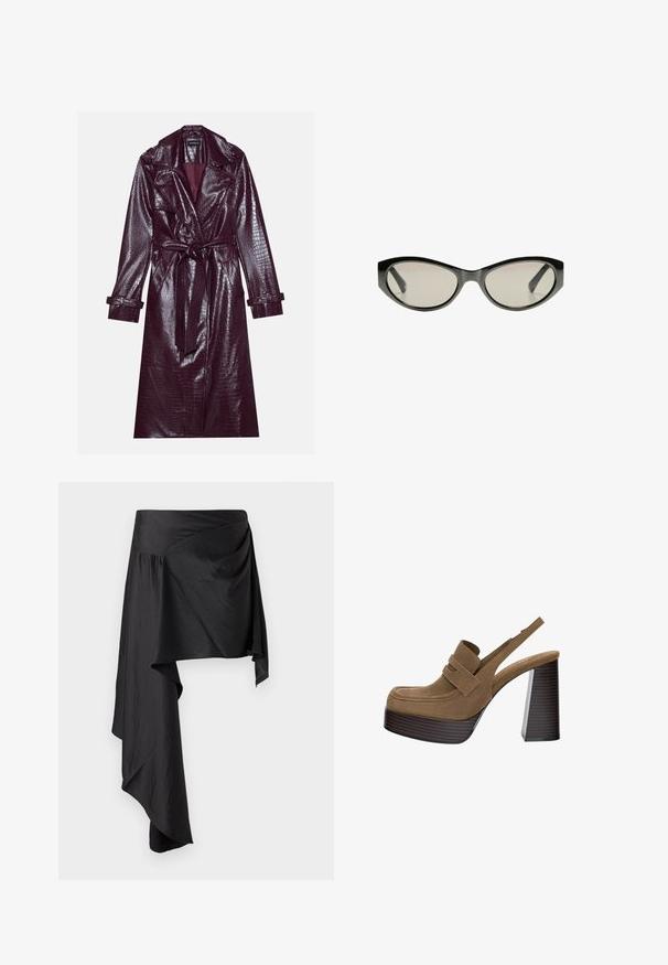 Even&Odd - Prochowiec; Massimo Dutti - Koszula; Czarna spódnica owijana wykonana z gładkiego, lekkiego materiału. Posiada asymetryczny dół i marszczenia w talii, co daje lekki i zwiewny kształt.; Brązowe zamszowe platformy na obcasie z grubym, żebrowanym słupkiem i szerokim paskiem na górze, ze zaokrąglonym noskiem.; Czarne okulary przeciwsłoneczne w kształcie kociego oka z szarymi, przyciemnionymi soczewkami. Plastikowa oprawka charakteryzuje się ostrymi krawędziami i gładkim, błyszczącym wykończeniem.