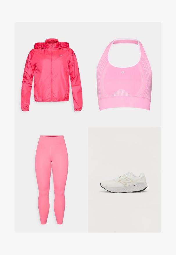 Pink Nike jakke lavet af letvægtsmateriale, med lynlås fortil, justerbar hætte og elastiske manchetter for et tætsiddende look.; Lyserød sportsbh med halterneck-design, prydet med diskrete hvide mønstre og ribbet tekstur langs bunden.; Lyserøde aktive leggings med høj talje, lavet af strækbart materiale. Har en glat tekstur og ingen synlige mønstre eller accenter.; Hvid atletik sko med mesh-overdel, polstret krave og en tyk, tekstureret sål. Har et lysegråt accent og "New Balance" logoet på siden.