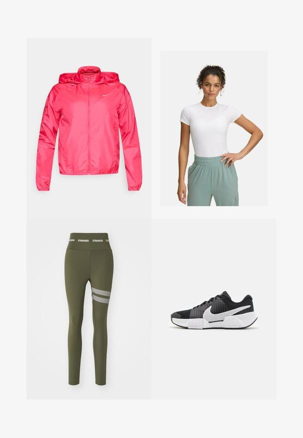 Chaqueta Nike rosa hecha de material ligero, con cierre delantero de cremallera, capucha ajustable y puños elásticos para un ajuste ceñido.; Camiseta blanca ajustada de manga corta, combinada con pantalones de cintura elástica de color verde claro. Textura suave, diseño minimalista y sin patrones visibles.; Leggings verde oliva hechos de un tejido elástico, que cuentan con una cinturilla alta con el texto "STRONGER" y tres franjas de malla horizontales en el muslo.; Zapatillas deportivas en blanco y negro con un upper texturizado, un prominente swoosh de Nike y un diseño de suela contrastante para mejorar el agarre y la estabilidad.