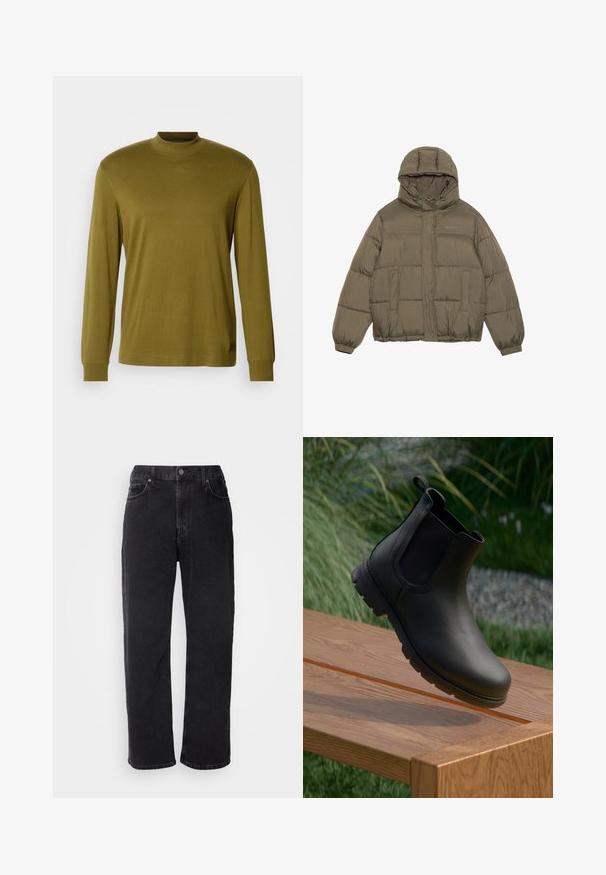Olivově zelená péřová bunda s kapucí, na zip, se dvěma předními kapsami a elastickými manžetami. Vyrobena z hladkého izolačního materiálu.; Olivově zelený dlouhý rukáv rolák vyrobený z měkké látky, s přiléhavým střihem a žebrovaným límcem a manžetami.; Černé džínové kalhoty s rovný střih, pěti kapsami a kontrastním prošíváním. Mají zapínání na knoflík a poutka na opasek.; Černé kožené Chelsea boty s elastickými boky, oválnou špičkou a texturovanou podrážkou, vznášející se nad dřevěným povrchem s zelení na pozadí.
