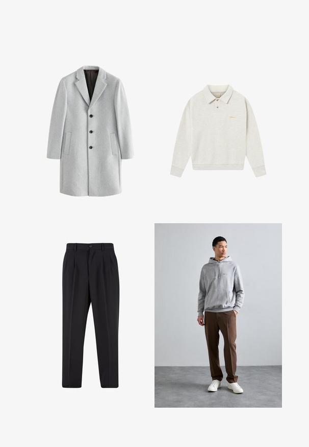 Svetlo sivi volneni plašč z izrezanim ovratnikom, štirimi črnimi gumbi in dvema stranskima žepoma. Gladka tekstura in prilagojen kroj.; Svetlo sivi polo pulover iz mehkega materiala, z gumbastim zapenjanjem, rebrastimi manšetami in vezenim logotipom v zlati barvi blizu prsnega dela.; Bela bombažna majica s krojem na vratu, kratkimi rokavi in ohlapnim fitom. Ima enostaven dizajn brez vzorcev ali dodatkov.; Črne hlače z nabranim sprednjim delom, narejene iz gladkega materiala. Imajo gumbasto zapiranje in zanke za pas; ravne hlačnice.; Siva kapuca s sprednjo žepom, kapuco z vrvicami in modrim logotipom. Obuta z rjavimi hlačami in belimi športnimi copati na gladki sivi površini.
