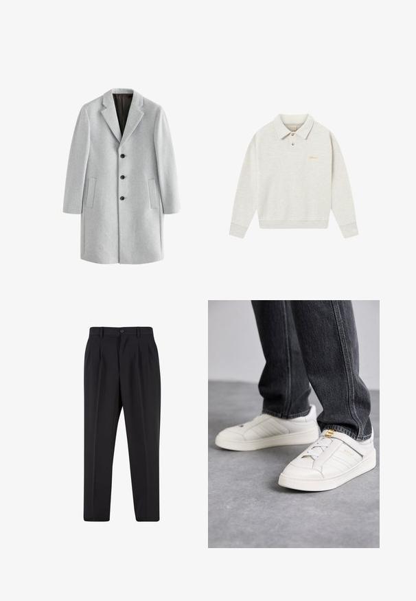 Vaalea harmaa villatakki, jossa on lovettu kaulus, neljä mustaa nappia ja kaksi sivutaskua. Suuri sileä pinta ja istuva malli.; Vaaleanharmaa polo-sweatshirt, joka on valmistettu pehmeästä kankaasta. Siinä on nappilista, ribbaatut hihansuut ja kultainen brodeerattu brändäys rinnassa.; Valkoinen puuvillapaita, jossa on pyöreä kaula-aukko, lyhyet hihat ja rento leikkaus. Ominaisuuksina yksinkertainen muotoilu ilman kuvioita tai yksityiskohtia.; Mustat housut, joissa on laskostettu etuosa, valmistettu sileästä kankaasta. Varustettu nappikiinnityksellä ja vyölenkeillä; suora lahje.; Bally RAISE REGYS - Matalavartiset tennarit - white