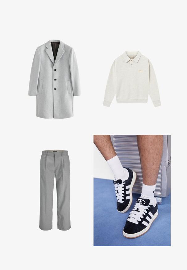 Lysegrå uldfrakke med spidse kraver, fire sorte knapper og to sidelommer. Glat tekstur med en skræddersyet pasform.; Lys grå polo sweatshirt lavet af blødt stof, med en knaplukning, ribbede manchetter og broderet branding i guld nær brystet.; Hvid bomulds T-shirt med rund halsudskæring, korte ærmer og en afslappet pasform. Har et enkelt design uden mønstre eller dekorationer.; Lysegrå bukser med en struktureret stof, der har plisser foran, lige ben og en standard talje til lukning.; Sorte ruskinds sneakers med hvide snørebånd og tre hvide striber. Har et rundt sort logo på tungen og en gummigummisål.