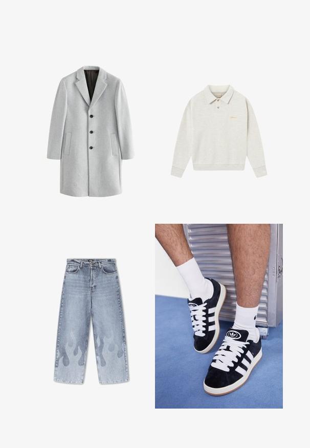 Svijetlosivi vuneni kaput s režanj ovratnikom, četiri crna gumba i dva bočna džepa. Glatka tekstura s krojenim fitom.; Svijetlo siva polo dukserica napravljena od mekanog materijala, s dugmadi, rebrastim manžetama i izvezenim logotipom u zlatnoj boji blizu prsnog dijela.; Bijela pamučna majica s okruglim izrezom, kratkim rukavima i opuštenim krojem. Ima jednostavan dizajn bez uzoraka ili akcenta.; Svijetloplave traperice s širokim nogavicama; imaju suptilan uzorak plamena u svjetlijoj nijansi na donjem dijelu nogavica. Klasičan dizajn s pet džepova.; Crne nubuk tenisice s bijelim vezicama i tri bijele pruge. Imaju kružni crni logo na jeziku i gumeni potplat.