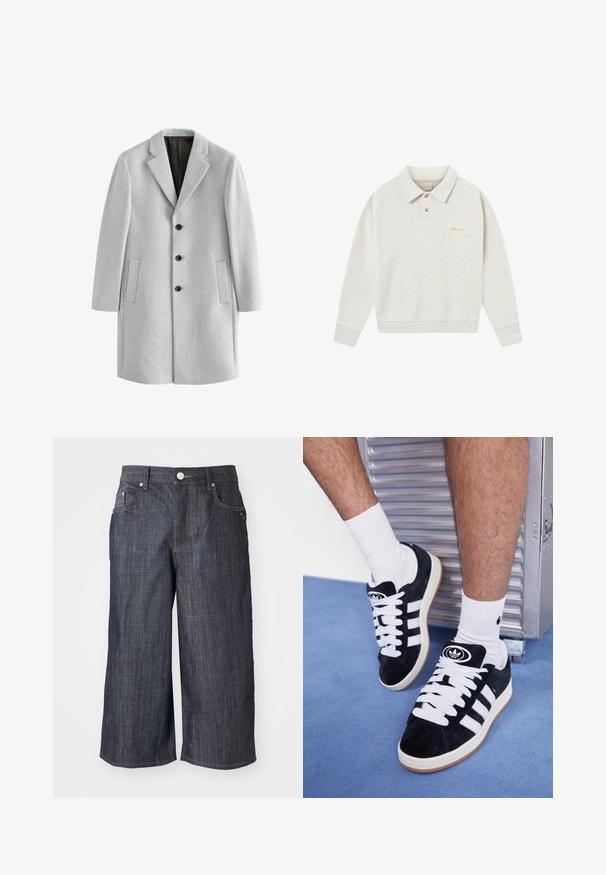 Svetlo šedý vlnený kabát s klopovým golierom, štyrmi čiernymi gombíkmi a dvoma bočnými vreckami. Hladká textúra s prispôsobeným strihom.; Svetlosivý polo mikin s jemnou látkou, ktorý má gombíkovú légou, rebrované manžety a vyšívané logo v zlatej farbe blízko hrudníka.; Biela bavlnená tričko s okrúhlym výstrihom, krátkymi rukávmi a voľným strihom. Má jednoduchý dizajn bez vzorov alebo akcentov.; Tmavé denimmové culottes so širokým strihom, obsahujúce päť vreciek, kovové gombíkovév uzatváranie a kontrastné švy.; Čierne semišové tenisky s bielymi šnúrkami a tromi bielymi pruhmi. Obsahujú kruhové čierne logo na jazyku a gumovú podrážku.