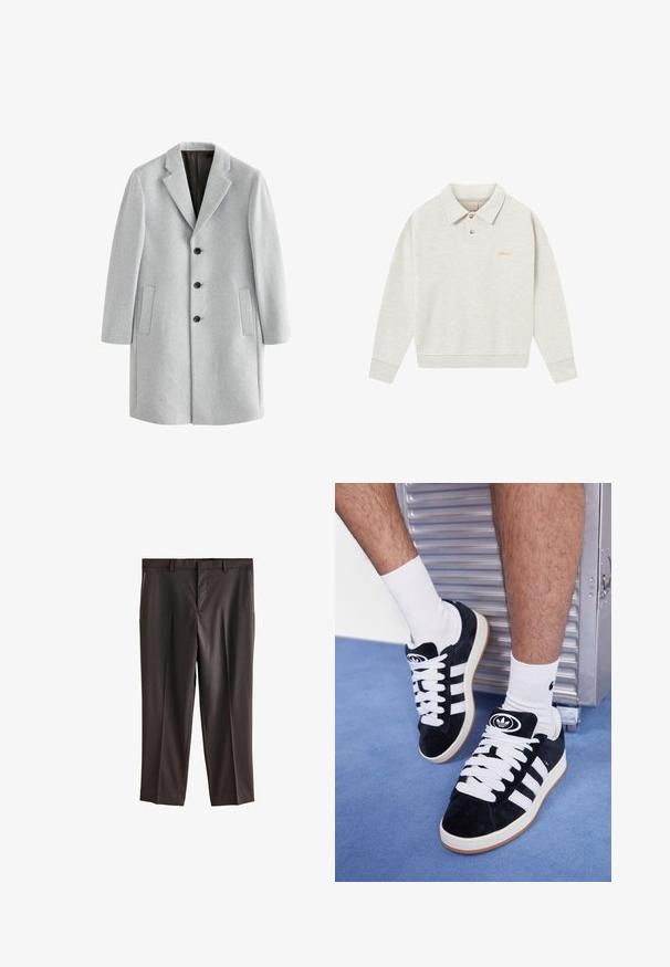 Manteau en laine gris clair avec un col cranté, quatre boutons noirs et deux poches latérales. Texture lisse avec une coupe ajustée.; Pull en polo gris clair en tissu doux, doté d'une patte de boutonnage, de poignets côtelés et d'un logo brodé en doré près de la poitrine.; T-shirt en coton blanc avec un col rond, des manches courtes et une coupe décontractée. Présente un design uni sans motifs ni accents.; Pantalons habillés marron foncé avec une coupe plate, deux poches latérales, coupe ajustée et texture de tissu lisse. Taille standard avec passants de ceinture.; Baskets en suede noir avec des lacets blancs et trois rayures blanches. Présente un logo circulaire noir sur la languette et une semelle en caoutchouc beige.