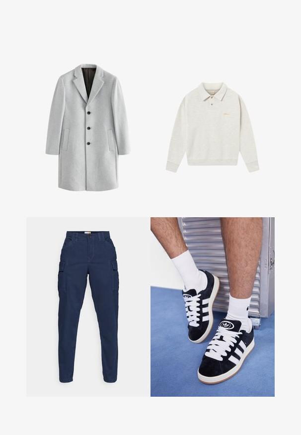 Vaalea harmaa villatakki, jossa on lovettu kaulus, neljä mustaa nappia ja kaksi sivutaskua. Suuri sileä pinta ja istuva malli.; Vaaleanharmaa polo-sweatshirt, joka on valmistettu pehmeästä kankaasta. Siinä on nappilista, ribbaatut hihansuut ja kultainen brodeerattu brändäys rinnassa.; Valkoinen puuvillapaita, jossa on pyöreä kaula-aukko, lyhyet hihat ja rento leikkaus. Ominaisuuksina yksinkertainen muotoilu ilman kuvioita tai yksityiskohtia.; Laivastonsiniset cargo-housut, joissa on sivutaskut, kapeneva lahjemuotoilu, litteä etuosa ja napitus. Valmistettu kestävästä kankaasta, joka on viimeistelty siististi.; Mustat mokkasneakersit, joissa on valkoiset nauhat ja kolme valkoista raitaa. Kengissä on ympyrän muotoinen musta logo kielen päällä ja kuminen pohja.