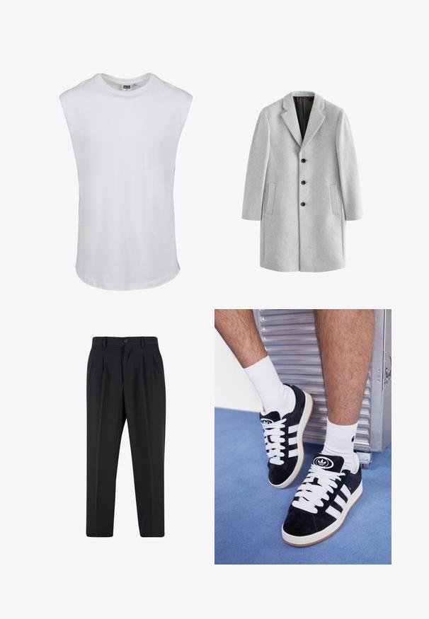 Light gray wool coat with a notched collar, four black buttons, and two side pockets. Smooth texture with a tailored fit.; Light grey polo sweatshirt made of soft fabric, featuring a button placket, ribbed cuffs, and embroidered branding in gold near the chest.; White sleeveless t-shirt made of cotton. Smooth texture with a round neckline and a straight hem. No graphics or additional details.; Black trousers with a pleated front design, made from smooth fabric. Features a button closure and belt loops; straight-leg fit.; Black suede sneakers with white laces and three white stripes. Features a circular black logo on the tongue and a gum rubber sole.