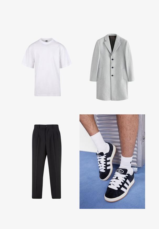 Vaalea harmaa villatakki, jossa on lovettu kaulus, neljä mustaa nappia ja kaksi sivutaskua. Suuri sileä pinta ja istuva malli.; Vaaleanharmaa polo-sweatshirt, joka on valmistettu pehmeästä kankaasta. Siinä on nappilista, ribbaatut hihansuut ja kultainen brodeerattu brändäys rinnassa.; Valkoinen puuvillapaita, jossa on pyöreä kaula-aukko, lyhyet hihat ja rento leikkaus. Ominaisuuksina yksinkertainen muotoilu ilman kuvioita tai yksityiskohtia.; Mustat housut, joissa on laskostettu etuosa, valmistettu sileästä kankaasta. Varustettu nappikiinnityksellä ja vyölenkeillä; suora lahje.; Mustat mokkasneakersit, joissa on valkoiset nauhat ja kolme valkoista raitaa. Kengissä on ympyrän muotoinen musta logo kielen päällä ja kuminen pohja.