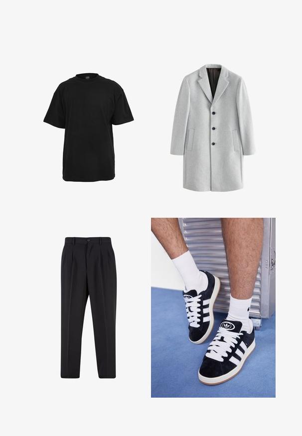 Gai pelēks vilnas mētelis ar iegrieztu apkakli, četriem melniem pogām un divām sānu kabatām. Gluda tekstūra ar pielāgotu piegriezumu.; Gaiši pelēks polo džemperis, kas izgatavots no mīkstas auduma, ar pogu aizdari, ribotām piedurknēm un izšūtu zīmolu zeltā tuvu krūtīm.; Melna kokvilnas t-krekls ar brīvu piegriezumu, īsām piedurknēm, apaļu kakla izgriezumu un gludu, vienmērīgu virsmu. Nav redzamu logotipu vai rakstu.; Melni brīvie bikses ar krokotu priekšpusi, izgatavotas no gludas auduma. Iespējama poga aizdare un jostas cilpas; taisnu kāju forma.; Melni zamšaini sporta apavi ar baltiem šņorēm un trim baltām svītrām. Iekļauj arī apaļu melnu logotipu uz mēles un gumijas zoli.