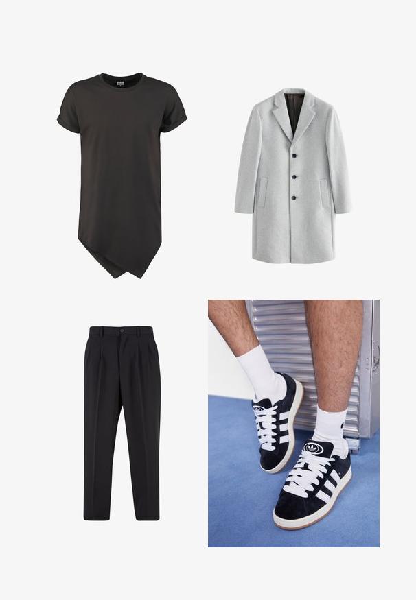 Helehall villane mantel, millel on sisselõikega krae, neli musta nuppu ja kaks küljetaskut. Sile tekstuur ja vormitud lõige.; Helehall polo-sweater pehmeast kangast, millel on nööbiplatvorm, ribakudumisega varrukad ja kuldne tikand brändiga rinna lähedal.; Must värvitooniga lühikeste varrukatega T-särk, mis on valmistatud siledast kangast. Särgil on kaarjas alläär ning lõdva lõikega, millel on üleskeeratud varrukad.; Mustad püksid, millel on voltidega eesmine disain, valmistatud siledast kangast. Omab nup closure ja vöökinnitusauke; sirge jalgade lõige.; Mustad nahkjalatsid valgete paelte ja kolme valge triibuga. Omab ümmargust musta logo keele peal ning kummist tallat.