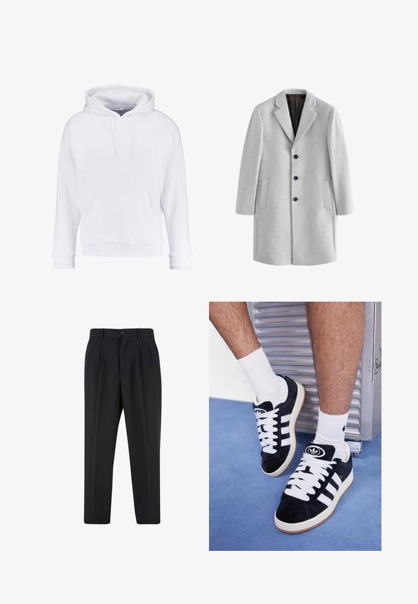 Svetlo šedý vlnený kabát s klopovým golierom, štyrmi čiernymi gombíkmi a dvoma bočnými vreckami. Hladká textúra s prispôsobeným strihom.; Biely mikina vyrobená z mäkkej tkaniny, s kapucňou na šnúrku, klokannou kapsou a rebrovanými manžetami a spodným lemom. Jednoduchý, neformálny dizajn.; Biela bavlnená tričko s okrúhlym výstrihom, krátkymi rukávmi a voľným strihom. Má jednoduchý dizajn bez vzorov alebo akcentov.; Čierne nohavice s plisovaným predným dizajnom, vyrobené z hladkej látky. Majú zapínanie na gombík a pútka na opasok; rovný strih.; Čierne semišové tenisky s bielymi šnúrkami a tromi bielymi pruhmi. Obsahujú kruhové čierne logo na jazyku a gumovú podrážku.