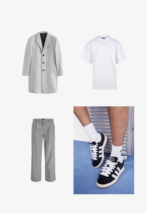 Manteau en laine gris clair avec un col cranté, quatre boutons noirs et deux poches latérales. Texture lisse avec une coupe ajustée.; T-shirt en coton blanc avec un col rond, des manches courtes et une coupe décontractée. Présente un design uni sans motifs ni accents.; Pantalons gris clair en tissu texturé, dotés de plis à l'avant, de jambes droites et d'une taille standard pour la fermeture.; Baskets en suede noir avec des lacets blancs et trois rayures blanches. Présente un logo circulaire noir sur la languette et une semelle en caoutchouc beige.