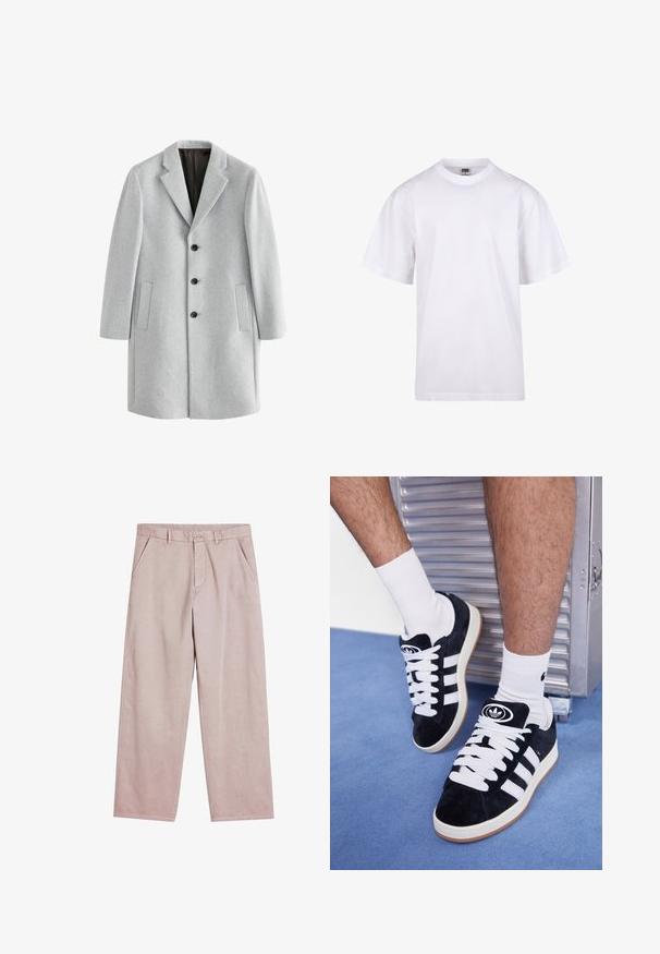 Svetlo šedý vlnený kabát s klopovým golierom, štyrmi čiernymi gombíkmi a dvoma bočnými vreckami. Hladká textúra s prispôsobeným strihom.; Biela bavlnená tričko s okrúhlym výstrihom, krátkymi rukávmi a voľným strihom. Má jednoduchý dizajn bez vzorov alebo akcentov.; Svetloružové široké nohavice vyrobené z mäkkej tkaniny, s prednými vreckami a zapínaním na gombík, s jemnými detailmi prešívania.; Čierne semišové tenisky s bielymi šnúrkami a tromi bielymi pruhmi. Obsahujú kruhové čierne logo na jazyku a gumovú podrážku.