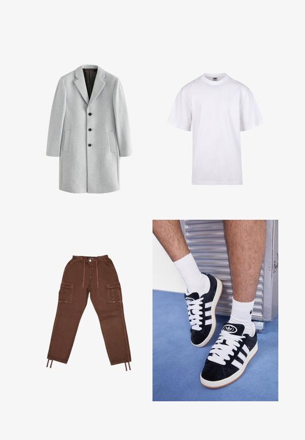 Svijetlosivi vuneni kaput s režanj ovratnikom, četiri crna gumba i dva bočna džepa. Glatka tekstura s krojenim fitom.; Bijela pamučna majica s okruglim izrezom, kratkim rukavima i opuštenim krojem. Ima jednostavan dizajn bez uzoraka ili akcenta.; Smeđe cargo hlače s elastičnim pojasom, dva velika bočna džepa, manžetama s vezicama i glatkom teksturom. Imaju kopčanje na gumb.; Crne nubuk tenisice s bijelim vezicama i tri bijele pruge. Imaju kružni crni logo na jeziku i gumeni potplat.