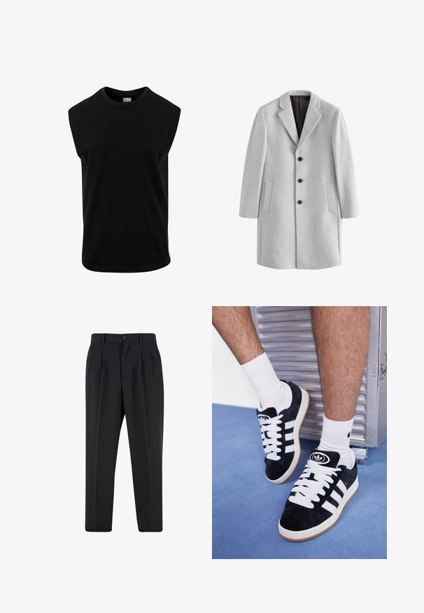 Lichtgrijze wollen jas met een gegroefde kraag, vier zwarte knopen en twee zijzakken. Glad textuur met een getailleerde pasvorm.; Zwarte mouwloze T-shirt van katoen, met een ronde hals en een gladde textuur met een rechte snit. Geen zichtbare patronen.; Zwarte broek met een geplooid design aan de voorkant, gemaakt van soepel stof. Voorzien van een knoopsluiting en riemlussen; rechte pasvorm.; Zwarte suède sneakers met witte veters en drie witte strepen. Heeft een cirkelvormig zwart logo op de tong en een gumrubberen zool.