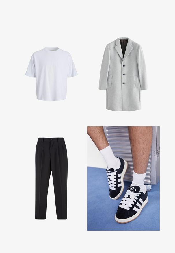 Svetlo sivi volneni plašč z izrezanim ovratnikom, štirimi črnimi gumbi in dvema stranskima žepoma. Gladka tekstura in prilagojen kroj.; Bela bombažna majica s krojem, kratkimi rokavi in sproščenim krojem. Gladka tekstura in minimalen dizajn brez vidnih vzorcev ali dodatkov.; Črne hlače z nabranim sprednjim delom, narejene iz gladkega materiala. Imajo gumbasto zapiranje in zanke za pas; ravne hlačnice.; Črne semiš teniske z belimi vezalkami in tremi belimi črtami. Imajo okroglo črno oznako na jezičku in gumijast podplat.