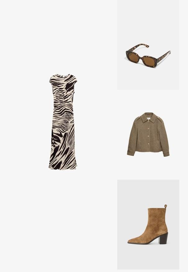 Brązowa i czarna w kratkę krótka kurtka z kołnierzem, zapięciami na guziki i długimi rękawami. Teksturowana tkanina w klasyczny wzór.; Maxi sukienka w beżowo-czarny wzór zebra. Krótkie rękawy, okrągły dekolt oraz boczne rozcięcie w gładkim materiale dla płynnej sylwetki.; Brązowy zamszowy botek sięgający kostki z wąskim noskiem i masywnym czarnym obcasem, przedstawiony na neutralnym tle.; Okulary przeciwsłoneczne w kratkę z zaokrągloną, grubą oprawą i brązowymi soczewkami. Posiadają subtelne wzory oraz proste, zwężane zauszniki.; Torebka na ramię z brązowej i kremowej skóry bydlęcej, z gładkim skórzanym paskiem, zamknięciem na zamek oraz miękką, teksturowaną powierzchnią o naturalnym wzorze.