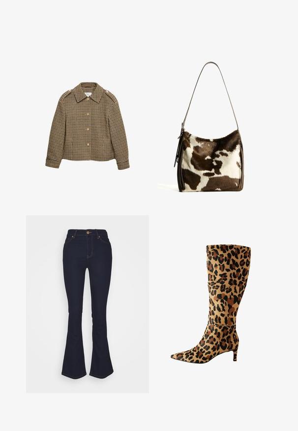 Veste cropped à carreaux marron et noir avec col, fermetures à boutons et manches longues. Tissu texturé avec un motif classique.; Polo à manches longues avec des rayures horizontales marron, beige et blanches, patte de boutonnage et petit logo "BG" sur la poitrine.; Marks & Spencer Eva - Jean bootcut - blue denim; Botte montante en imprimé léopard, fabriquée en matériau doux, avec un bout pointu et un petit talon, arborant un audacieux motif de taches noires et brunes.; Sac à épaule en cuir de vachette brun et crème avec une sangle en cuir lisse, fermeture zippée et une surface douce et texturée présentant un motif naturel.