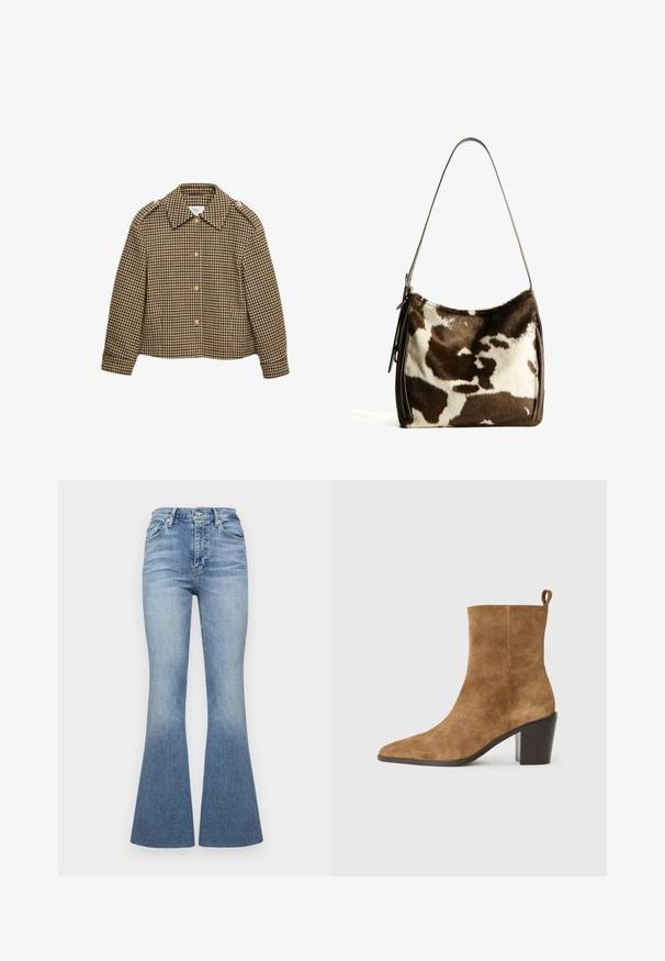 Brown and black checkered cropped jacket with a collar, button closures, and long sleeves. Textured fabric with a classic pattern.; Long-sleeve polo shirt with brown, beige, and white horizontal stripes, button placket, and small "BG" logo on the chest.; High-waisted flared jeans in light blue denim with a gradient effect. Features five pockets and a front button closure.; Brown suede ankle boot with a pointed toe and a chunky black heel, presented against a neutral background.; Brown and cream cowhide shoulder bag with a smooth leather strap, zip closure, and a soft, textured surface featuring a natural pattern.