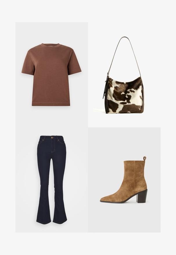 Hnědo-černá kostkovaná zkrácená bunda s límcem, knoflíkovým zapínáním a dlouhými rukávy. Texturovaná látka s klasickým vzorem.; Hnědé bavlněné tričko s kulatým výstřihem, krátkými rukávy a volným střihem. Hladký povrch bez viditelných vzorů nebo ozdob.; Marks & Spencer Eva - Džíny Bootcut - blue denim; Hnědé semišové kotníkové boty s špičatou špičkou a masivním černým podpatkem, prezentované na neutrálním pozadí.; Hnědá a krémová kravská kůže ramenní taška s hladkým koženým popruhem, zipovým uzavřením a jemným, texturovaným povrchem s přírodním vzorem.