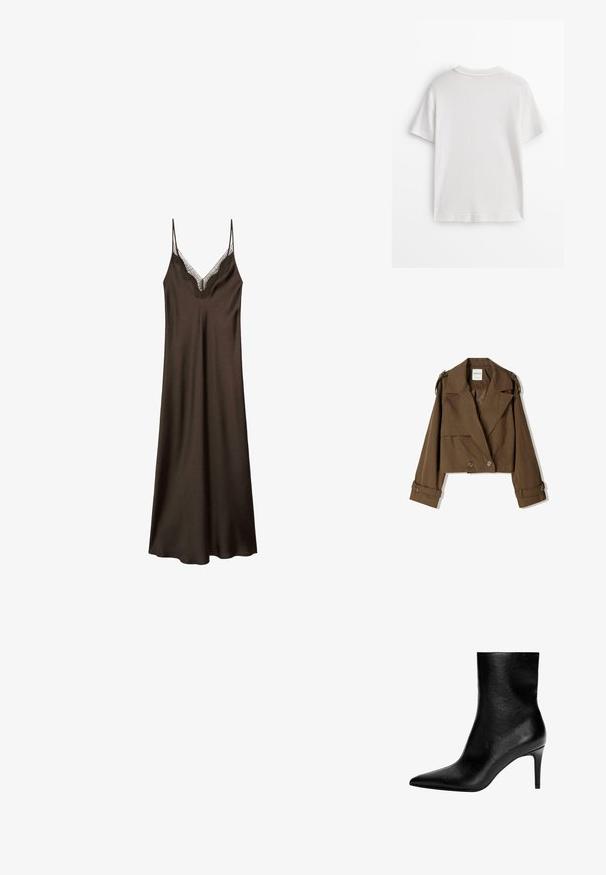 Kraftig brun jakke i blødt stof med dobbeltbryst-design, store revers og knapdetaljer på ærmerne.; Brun satin slipkjole med blonder ved halsen, tynde justerbare stropper og en afslappet pasform, der har en glat og blød tekstur.; Hvid bomuld t-shirt med korte ærmer, rund hals og en glat tekstur. Bagsiden er ensfarvet uden ekstra mønstre eller designs.; Sort læder ankelstøvle med en slank silhuet, spids tå og høj stiletthæl. Glat tekstur, minimalistisk design uden synligt hardware.