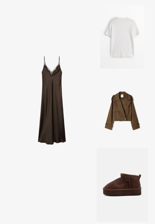 Giacca corta marrone in morbido tessuto con design doppiopetto, ampi risvolti e dettagli con bottoni sulle maniche.; Abito slip in raso marrone con dettagli in pizzo sul collo, spalline sottili e regolabili, e una vestibilità morbida, caratterizzato da una texture liscia e morbida.; Maglietta bianca in cotone con maniche corte, collo rotondo e tessuto liscio. Il retro è semplice, senza motivi o disegni aggiuntivi.; Stivale alla caviglia in suede marrone con punta tonda, texture morbida e suola piatta spessa. Presenta un discreto dettaglio di cucitura e un gancio sul retro.; Zign LEATHER - Borsa a mano - dark red