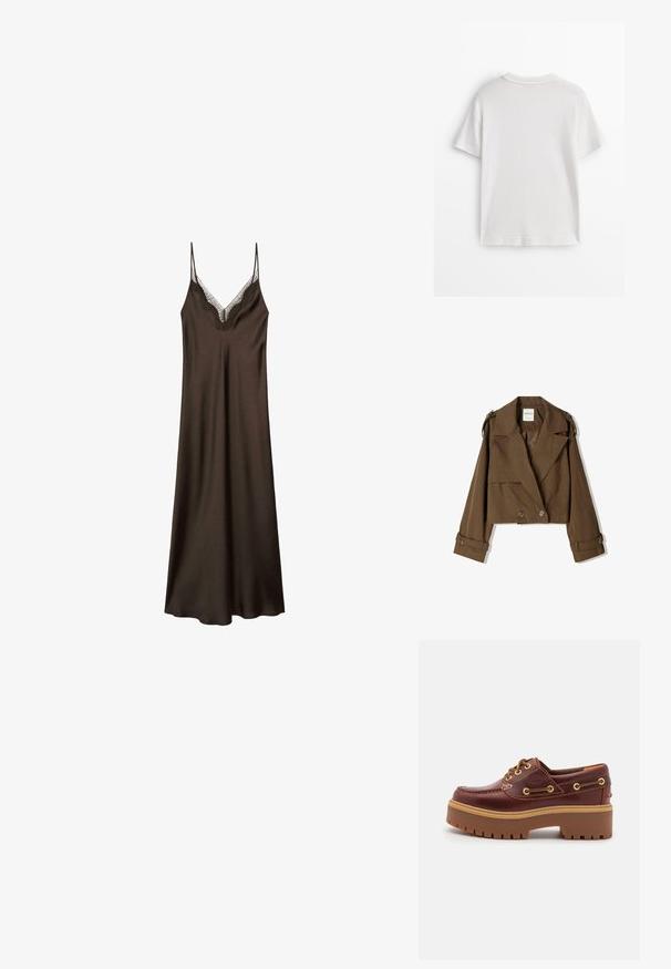 Kraftig brun jakke i blødt stof med dobbeltbryst-design, store revers og knapdetaljer på ærmerne.; Brun satin slipkjole med blonder ved halsen, tynde justerbare stropper og en afslappet pasform, der har en glat og blød tekstur.; Hvid bomuld t-shirt med korte ærmer, rund hals og en glat tekstur. Bagsiden er ensfarvet uden ekstra mønstre eller designs.; Brune læder bådsko med en kraftig brun gummisål, gyldne snørehuller og kontraststing. Har et logo på siden.