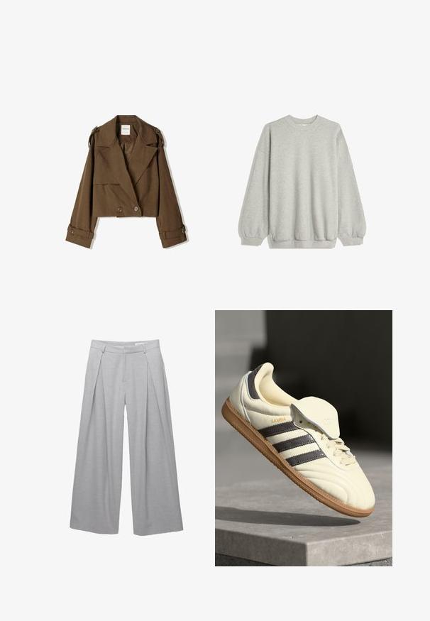Korte bruine jas van zachte stof met een dubbelzijdig ontwerp, grote revers en knoopaccenten op de mouwen.; Grijze sweatshirt van zacht materiaal, met een ronde hals, lange mouwen met elastische manchetten en een relaxte pasvorm. Geen patronen of accenten.; Lichtgrijze wijde broek, gemaakt van een gestructureerde stof, met voorplooien, riemlussen en een op maat gemaakte taille. Geen zichtbare sluitingen.; Crème leren sneaker met drie donkere strepen, een bruine gumrubberen zool en een ronde neus. Voorzien van een opvouwbare tong met het label "SAMBA."