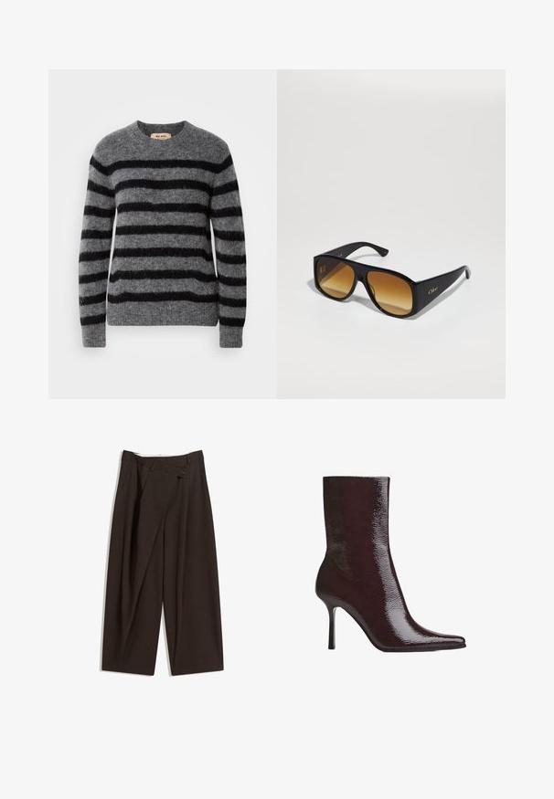Gekürzte braune Jacke aus weichem Material mit einem doppelt knöpfbaren Design, großen Revers und Knopfakzenten an den Ärmeln.; Grauer Pullover mit horizontalen schwarzen Streifen, rundem Ausschnitt, langen Ärmeln und einer weichen, strukturierten Oberfläche. Etikett im inneren Kragen.; Dunkelblaues Hemd mit weißen vertikalen Streifen, langen Ärmeln, spitzem Kragen und leicht abgerundetem Saum, aus einem glatten Stoff gefertigt.; Dunkelbraune, weite Hosen mit hohem Bund, die über einen einzigen Knopfverschluss und eine gefaltete Vorderseite verfügen. Hergestellt aus leichtem Stoff.; Burgunderfarbene Knöchelstiefel mit glänzender Oberfläche, spitzem Zeh und dünnem, hohen Absatz. Das schlanke Design hebt die glatte Textur und die stromlinienförmige Silhouette hervor.; Schwarze rechteckige Sonnenbrille mit braunen Verlaufslinsen. Hergestellt aus Plastik, mit einer glatten Oberfläche und einem dezenten goldenen Logo am Bügel.