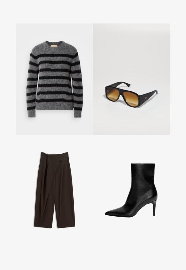 Rövidített barna dzseki puha anyagból, dupla mellső részű kialakítással, nagy hajtókákkal és gombos díszítéssel az ujjakon.; Szürke pulóver vízszintes fekete csíkokkal, kerek nyakkal, hosszú ujjakkal és puha, texturált felülettel. Címke a belső nyakvonalon.; Sötétbarna, bő szárú nadrág magas derékkal, egyetlen gombos záródással és redős elülső résszel. Könnyű anyagból készült.; Fekete bőr bokacsizma hegyes orral és vékony, közepes magasságú tűs sarokkal, sima felülettel és látható zár nélkül.; Fekete, téglalap alakú napszemüveg barna degradé lencsékkel. Műanyagból készült, sima felületű és diszkrét arany logóval a szárán.