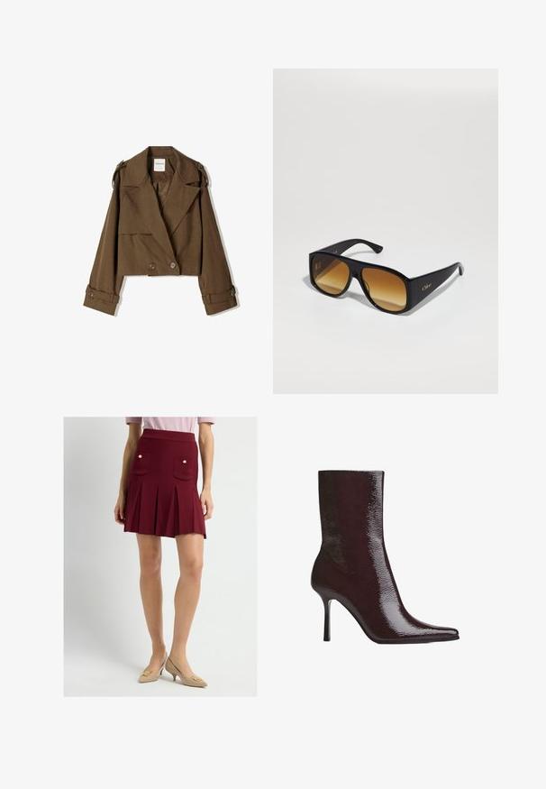 Giacca corta marrone in morbido tessuto con design doppiopetto, ampi risvolti e dettagli con bottoni sulle maniche.; Camicia abbottonata blu navy con strisce verticali bianche, maniche lunghe, colletto a punta e orlo leggermente curvato, realizzata in un tessuto morbido.; Gonna mini plissettata rossa con vita alta, caratterizzata da due tasche frontali decorate con bottoni dorati. Abbinata a tacchi beige a punta.; Stivale alla caviglia bordeaux con finitura lucida, punta affusolata e tacco alto sottile. Il design elegante mette in mostra una texture liscia e una silhouette slanciata.; Occhiali da sole neri a forma rettangolare con lenti sfumate marroni. Realizzati in plastica, presentano una superficie liscia e un sottile logo dorato sulla tempia.