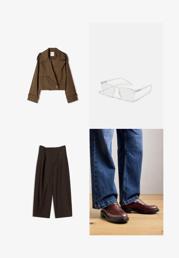 Gekürzte braune Jacke aus weichem Material mit einem doppelt knöpfbaren Design, großen Revers und Knopfakzenten an den Ärmeln.; Dunkelblaues Hemd mit weißen vertikalen Streifen, langen Ärmeln, spitzem Kragen und leicht abgerundetem Saum, aus einem glatten Stoff gefertigt.; Dunkelbraune, weite Hosen mit hohem Bund, die über einen einzigen Knopfverschluss und eine gefaltete Vorderseite verfügen. Hergestellt aus leichtem Stoff.; Person, der braune Lederloafers und eine blaue Jeans trägt, steht auf einem Holzfußboden vor einem neutralen Hintergrund.; CHPO ZEBBE UNISEX - Blue Light Brillen - transperent