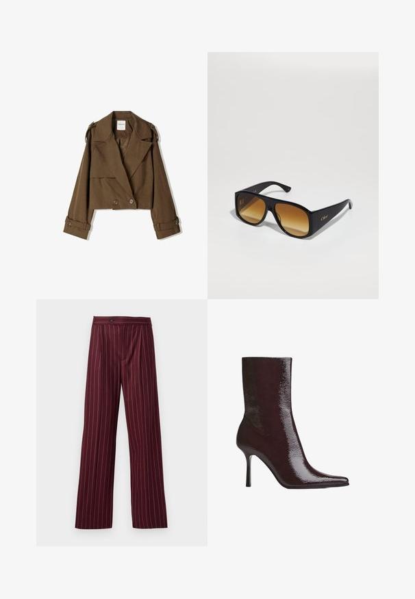 Cropped brown jacket in soft fabric with a double-breasted design, large lapels, and button accents on the sleeves.; Navy blue button-up shirt with white vertical stripes, long sleeves, a pointed collar, and a slightly curved hem, made from a smooth fabric.; Burgundy wide-leg trousers with a pinstripe pattern, pleated front, and button closure, made from a smooth fabric with a structured design.; Burgundy ankle boot with glossy finish, pointed toe, and thin high heel. Sleek design showcases smooth texture and streamlined silhouette.; Black rectangular sunglasses with brown gradient lenses. Made of plastic, featuring a smooth surface and a subtle gold logo on the temple.