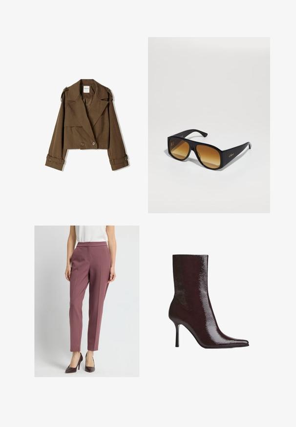 Cropped brown jacket in soft fabric with a double-breasted design, large lapels, and button accents on the sleeves.; Navy blue button-up shirt with white vertical stripes, long sleeves, a pointed collar, and a slightly curved hem, made from a smooth fabric.; Trousers in muted purple fabric, tailored fit, tapered leg, front pleats, and side pockets; worn with dark heeled shoes.; Burgundy ankle boot with glossy finish, pointed toe, and thin high heel. Sleek design showcases smooth texture and streamlined silhouette.; Black rectangular sunglasses with brown gradient lenses. Made of plastic, featuring a smooth surface and a subtle gold logo on the temple.