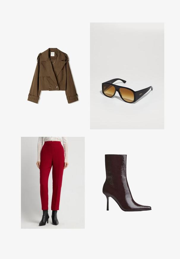 Kraftig brun jakke i blødt stof med dobbeltbryst-design, store revers og knapdetaljer på ærmerne.; Mørkeblå skjorte med knapper og hvide lodrette striber, lange ærmer, spids krave og en let buet kant, lavet af et glat materiale.; Røde skræddersyede bukser med en glat tekstur, lige pasform og frontfolder. Kombinationen inkluderer sorte højhælede ankelstøvler.; Bordeaux ankelstøvle med glat finish, spids tå og tynd høj hæl. Det elegante design fremhæver den glatte tekstur og den strømlinede silhuet.; Sorte rektangulære solbriller med brune gradientlinser. Lavet af plast, med en glat overflade og et diskret guld logo på stangen.