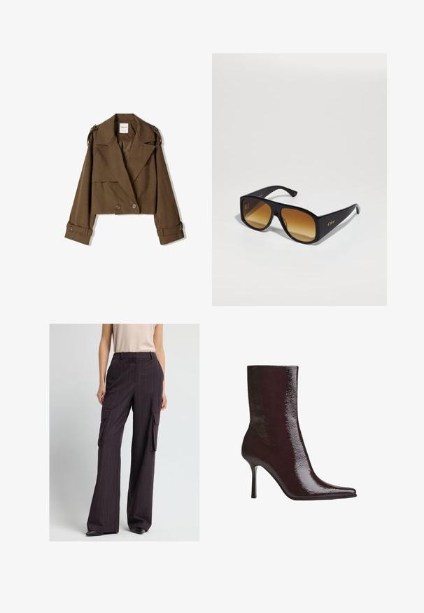Cropped brown jacket in soft fabric with a double-breasted design, large lapels, and button accents on the sleeves.; Navy blue button-up shirt with white vertical stripes, long sleeves, a pointed collar, and a slightly curved hem, made from a smooth fabric.; Wide-leg cargo pants in dark burgundy with vertical pinstripes, featuring two large side pockets and a tailored waistband for a structured fit.; Burgundy ankle boot with glossy finish, pointed toe, and thin high heel. Sleek design showcases smooth texture and streamlined silhouette.; Black rectangular sunglasses with brown gradient lenses. Made of plastic, featuring a smooth surface and a subtle gold logo on the temple.