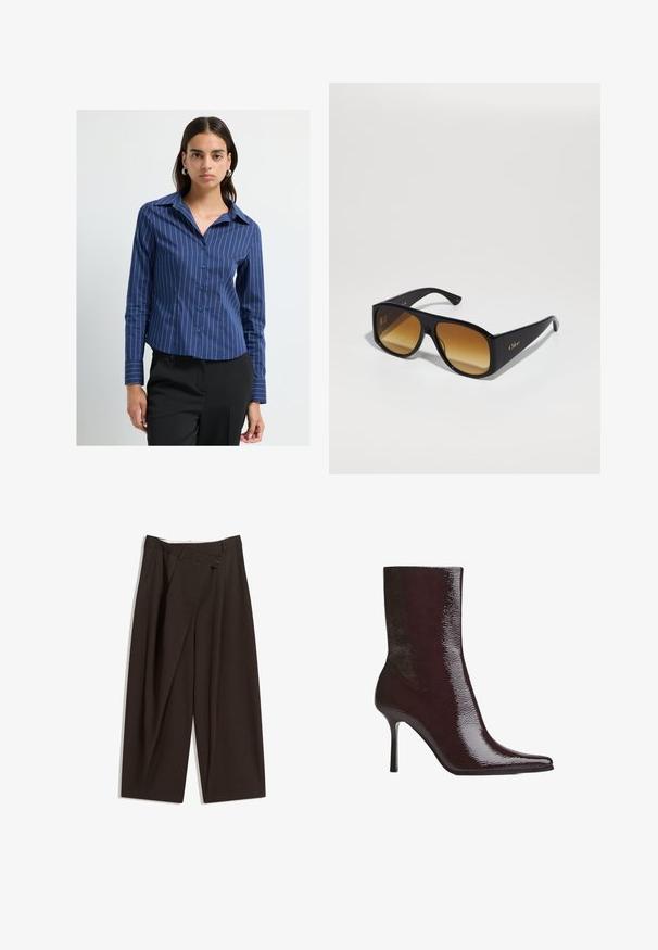 Giacca corta marrone in morbido tessuto con design doppiopetto, ampi risvolti e dettagli con bottoni sulle maniche.; Camicia abbottonata blu navy con strisce verticali bianche, maniche lunghe, colletto a punta e orlo leggermente curvato, realizzata in un tessuto morbido.; Pantaloni a gamba larga marrone scuro con vita alta, dotati di una chiusura con bottone singolo e una parte anteriore plissettata. Realizzati in tessuto leggero.; Stivale alla caviglia bordeaux con finitura lucida, punta affusolata e tacco alto sottile. Il design elegante mette in mostra una texture liscia e una silhouette slanciata.; Occhiali da sole neri a forma rettangolare con lenti sfumate marroni. Realizzati in plastica, presentano una superficie liscia e un sottile logo dorato sulla tempia.