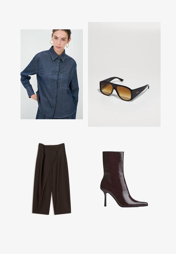 Zkrácená hnědá bunda z měkké tkaniny s dvouřadým zapínáním, velkými klopy a knoflíkovými detaily na rukávech.; Džínová košile na knoflíky v tmavě modré barvě, s kontrastním bílým prošíváním, dvěma předními kapsami a klasickým límcem.; Tmavě hnědé široké kalhoty s vysokým pasem, vybavené jedním tlačítkem na zapínání a plisovaným předním dílem. Vyrobené z lehkého materiálu.; Burgundské kotníkové boty s lesklým povrchem, špičatou špičkou a tenkým vysokým podpatkem. Elegantní design zdůrazňuje hladkou texturu a štíhlou siluetu.; Černé obdélníkové sluneční brýle s hnědými gradientními skly. Vyrobeny z plastu, mají hladký povrch a jemné zlaté logo na ramínku.