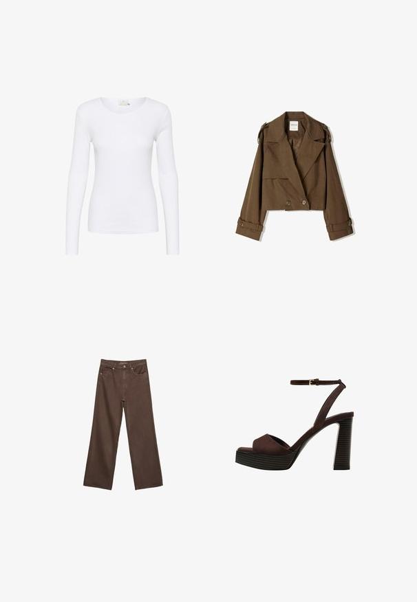 Cropped brown jacket in soft fabric with a double-breasted design, large lapels, and button accents on the sleeves.; White long-sleeve shirt with a round neckline, made of a smooth, stretchy fabric. Features a fitted design with no prominent patterns or accents.; Wide-leg brown jeans made of denim, featuring a high waist, front pockets, and a classic button closure. Smooth texture with subtle stitching.; Brown suede high-heeled sandal with an open toe, adjustable ankle strap, and a striped platform sole.