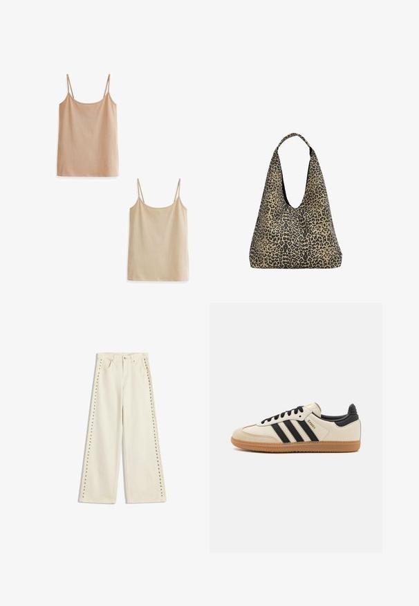 Giacca corta marrone in morbido tessuto con design doppiopetto, ampi risvolti e dettagli con bottoni sulle maniche.; Due canotte in toni beige chiari. Ognuna ha spalline sottili, un collo arrotondato e un tessuto morbido e testurizzato. Una è leggermente più scura dell'altra.; Jeans a gamba larga color crema chiaro con accenti in metallo lungo le cuciture esterne, cinque tasche e chiusura a bottone standard.; Scarpa sportiva beige con strisce nere, suola in gomma naturale e dettagli neri. Presenta una tomaia in pelle liscia e un design a punta arrotondata.; PULL&BEAR Shopping bag - mottled dark brown