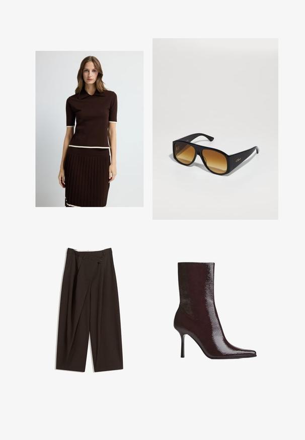 Gekürzte braune Jacke aus weichem Material mit einem doppelt knöpfbaren Design, großen Revers und Knopfakzenten an den Ärmeln.; Braunes Strickoberteil mit Kragen, kurzen Ärmeln und Cremebesatz. Kombiniert mit einem passenden braunen plissierten Rock, der am Saum cremefarbene Akzente hat.; Dunkelbraune, weite Hosen mit hohem Bund, die über einen einzigen Knopfverschluss und eine gefaltete Vorderseite verfügen. Hergestellt aus leichtem Stoff.; Burgunderfarbene Knöchelstiefel mit glänzender Oberfläche, spitzem Zeh und dünnem, hohen Absatz. Das schlanke Design hebt die glatte Textur und die stromlinienförmige Silhouette hervor.; Schwarze rechteckige Sonnenbrille mit braunen Verlaufslinsen. Hergestellt aus Plastik, mit einer glatten Oberfläche und einem dezenten goldenen Logo am Bügel.