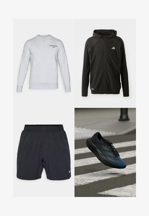 Zwarte sportjack met een rits aan de voorkant, capuchon, textuur op de schouderpanelen, elastische boorden en een reflecterend logo. Gemaakt van lichtgewicht materiaal.; Lichtgrijze sweater van zacht materiaal. Heeft een V-halsontwerp, ribgebreide boorden en een klein zwart logo gedrukt aan de bovenkant van de linkerzijde.; Zwarte shorts met een elastische tailleband, gemaakt van gladde, lichte stof, met een klein logo aan de onderste rechterkant.; Zwart-blauwe sportschoen met een gestroomlijnd design, voorzien van een gestructureerd bovenwerk, contrasterende strepen en een dempende zool, zwevend boven het trottoir.