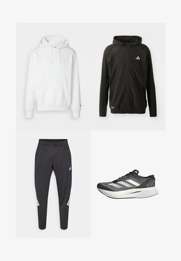 Giacca atletica nera con zip frontale, cappuccio, pannelli spalla texturizzati, polsini elasticizzati e logo riflettente. Realizzata in materiale leggero.; Felpa bianca con cappuccio realizzata in tessuto morbido. Presenta una tasca frontale, un cappuccio con lacci e il logo "Champion" ricamato. I polsini sono a coste.; Pantaloni atletici neri con gambe affusolate, cintura elastica, tasche laterali e dettagli con logo bianco e strisce. Realizzati in materiale liscio e leggero.; Scarpa sportiva in bianco e nero con tomaia in rete, presenta tre strisce bianche, una suola prominente etichettata "LIGHTSTRIKE PRO" e un design snello.